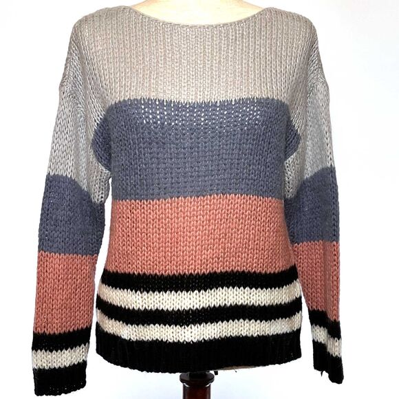 Lucky Brand Gray Pink Stripe Knit Pullover Sweater Small - Picture 1 of 8